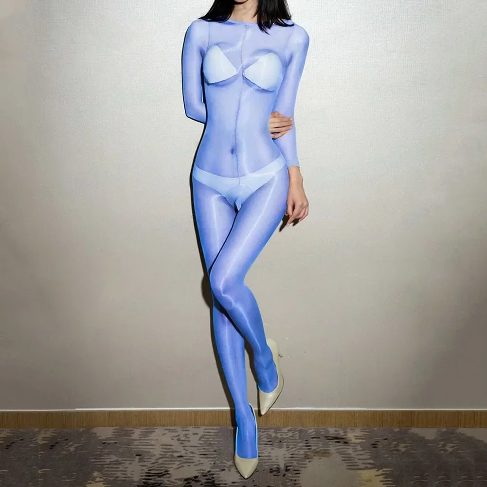 Mulheres meias de corpo inteiro transparente aurora brilhante delicado corpo meia aberta virilha bodysuit lingerie erótica collants macacão fetiche