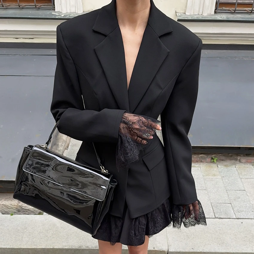 معاطف Linad كلاسيكية من الدانتيل باللون الأسود النحيف للنساء سترات أنيقة بياقة مدببة ملابس خارجية أنيقة للشارع بأكمام طويلة للسيدات لخريف 2025