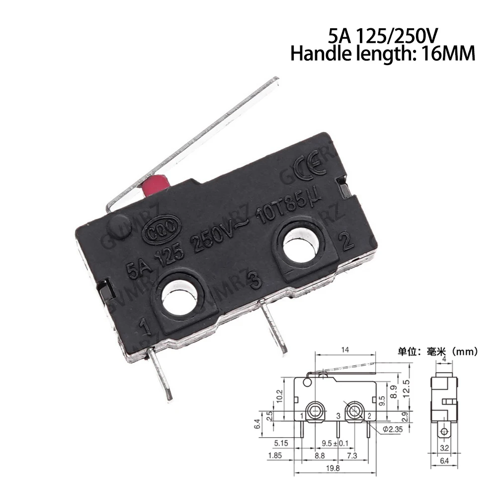 10PCS 5A 125/250V Mini Limit Switch 2P/3P No Nc 2/3Pin Roller Arc Rod Quick Button Switch Micro Switch Copper Contact 