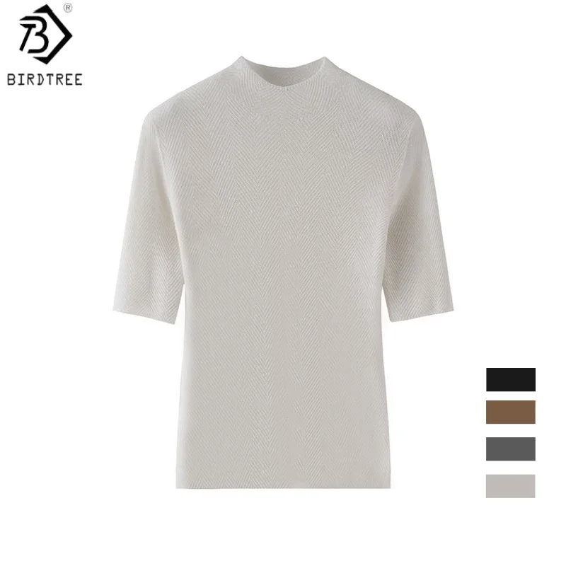 Birdtree, 100% Sheep Wool Solid Sweater, Half Sleeve Mock Neck Tops, Women's Knitted Slim Commuting Shirt, 2026 New T68209JF