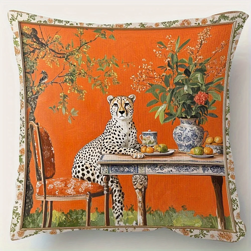 1pc Orange Vintage Cheetah Afternoon Tea Pillowcase D Flat Print Featuring A Warm Orange Base With Elements Of Cheetah Porcelain