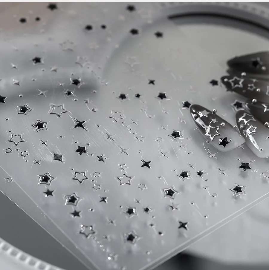 5D Luxury Star Nail Stickers for Nail Art Stars Black Silver Nail Decals Gilding Hollow Out Five-Pointed Nail Art Design Slider