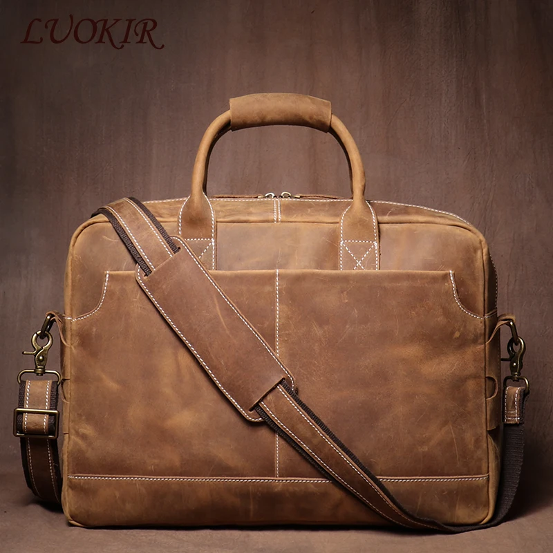 LUOKIR Vintage szalony koń torebka ze skóry cielęcej męska skórzana teczka prawnicza weekendowa podróżna torba na komputer na 16 Cal laptopa