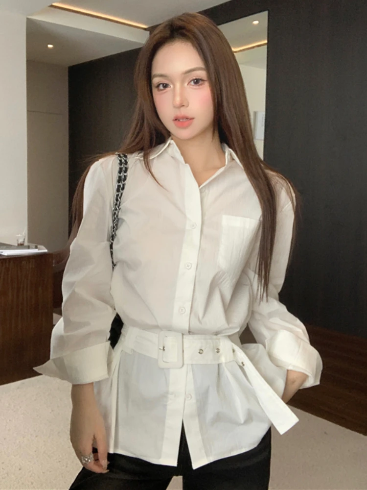

ADAgirl White Office Women Shirt with Sashes Long Sleeve Button Up Polo Blouse Female Spring Autumn Slim Elegant Clothes Chic