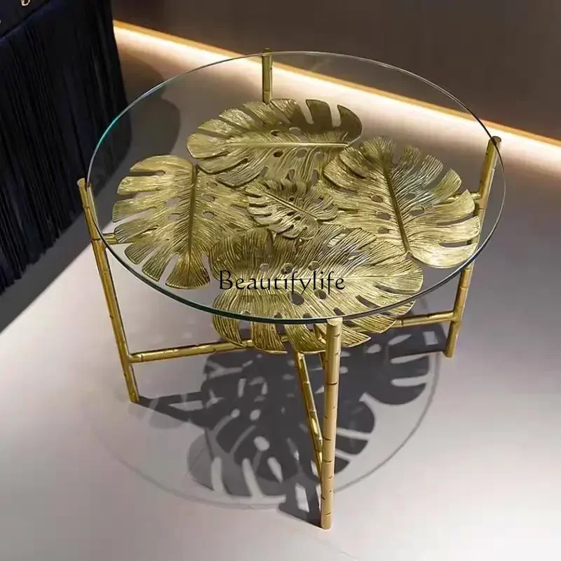88.Italian light luxury pure copper coffee table designer living room high-end glass leaf round corner table