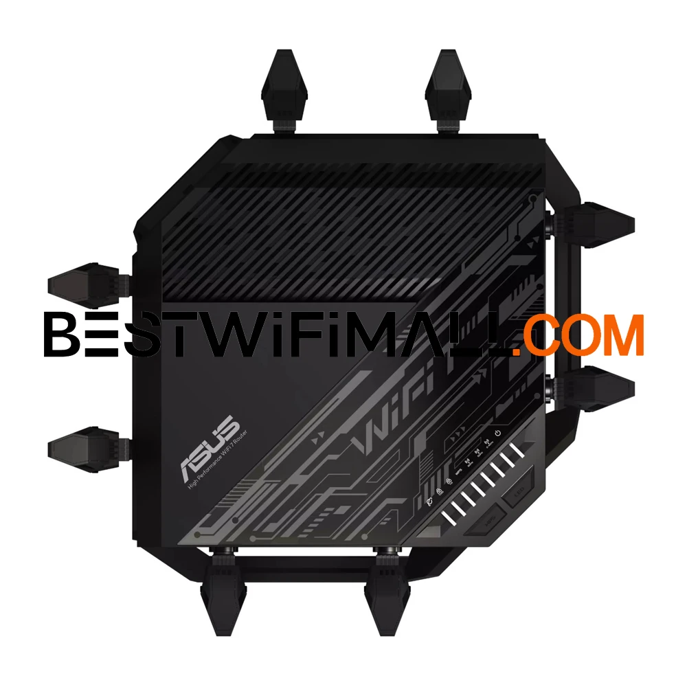 

Маршрутизатор ASUS RT-BE96U BE19000 WiFi 7, трехдиапазонный, полоса пропускания 320 МГц, 4096-QAM, работа с несколькими звеньями (MLO), два порта 10G AiMesh