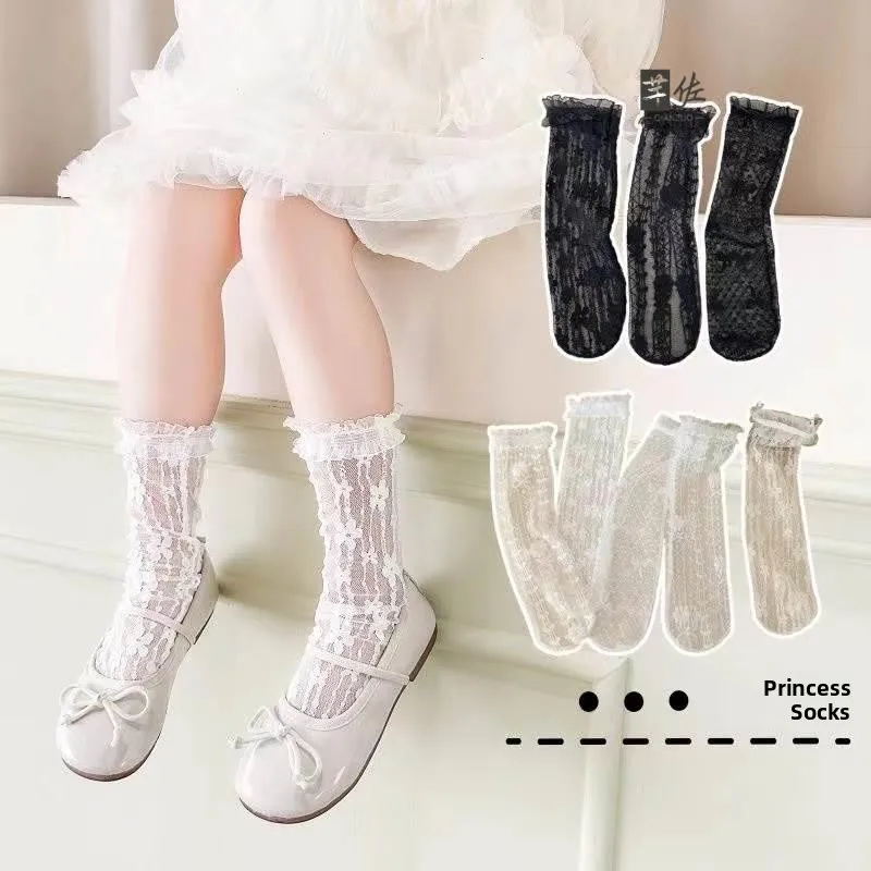 Girls Lace Socks Ultra Thin Summer Mid-Calf Princess Edging Baby Lolita Trim Children's Korean Style Short Stockings