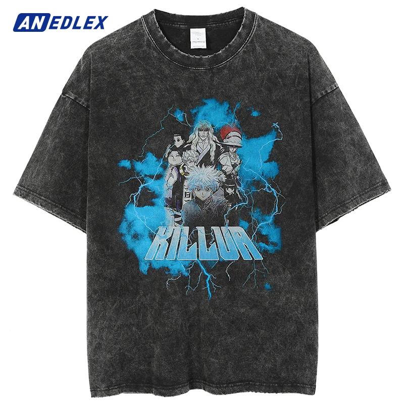 

2022 Washed Anime Print T-shirt Hip Hop Streetwear Japanese Cartoon Harajuku Cotton T Shirt Men Women Summer Short Sleeve Tops