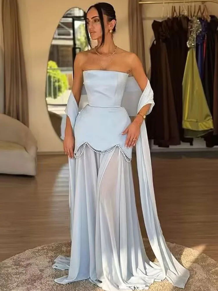 Sukienka damska letnia, prosta, bez ramiączek, z siateczkowymi wstawkami, długa, na wesele, elegancka, seksowna, na bankiet, bez rękawów.