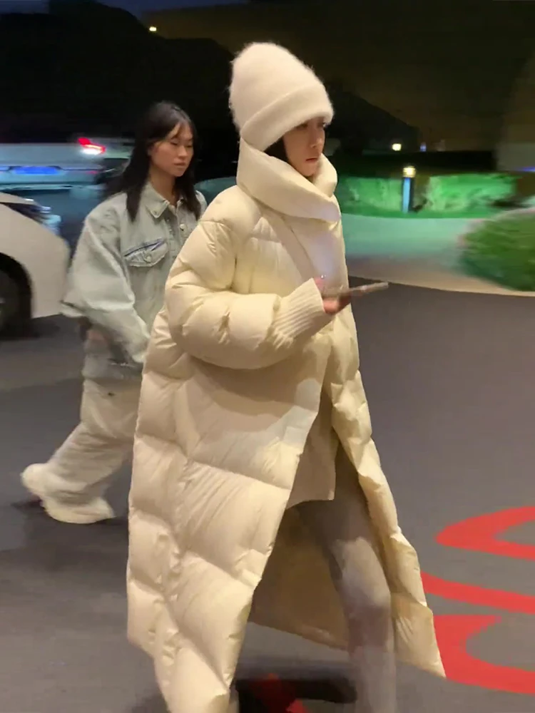 Abrigo de plumón largo y acolchado para mujer, estilo moderno, para caminar, cálido, blanco, de plumas