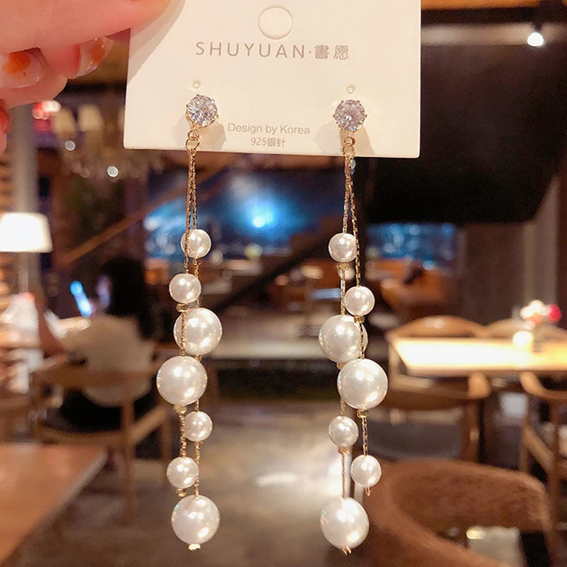 Korean Jewelry Elegant Simulated Pearls Long Dangle Earrings For Women  Vintage White Round Pearl Wedding  Earrings Gift