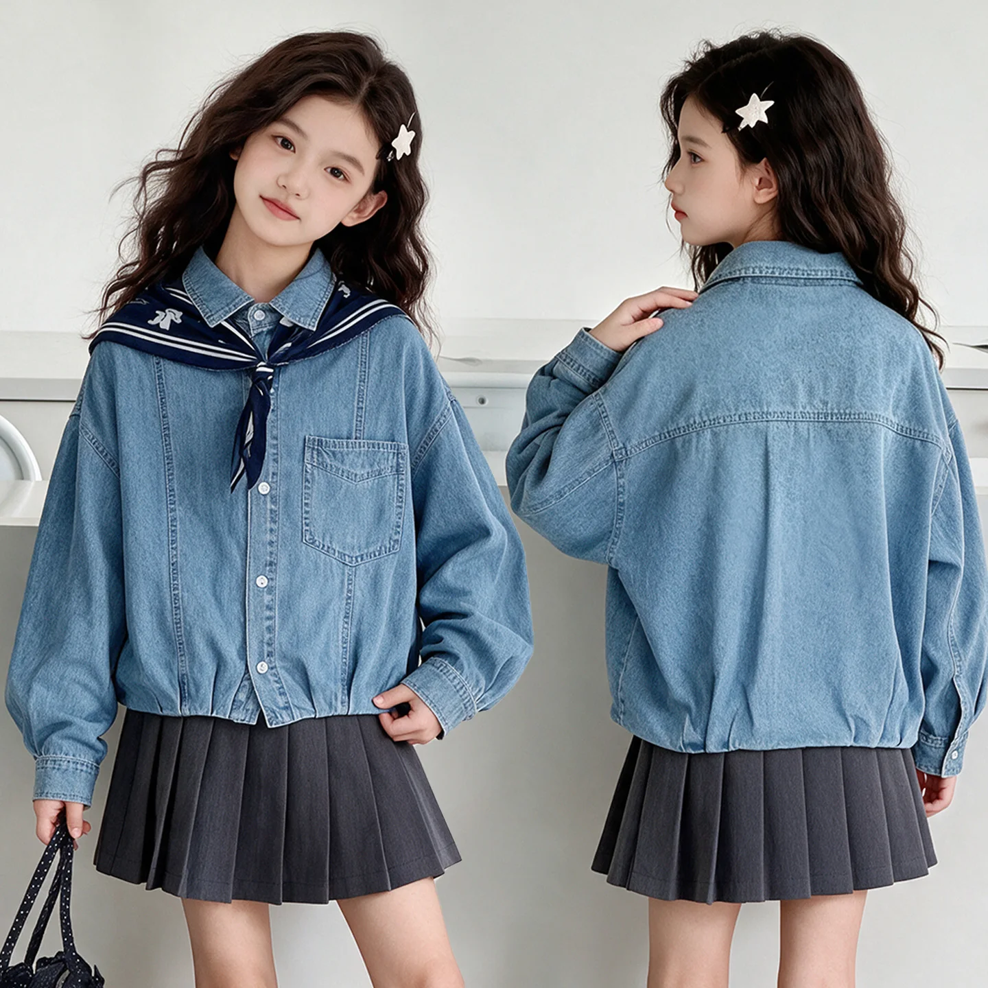Children Fashion Denim Jacket with Front Pocket for Teens Girl Casual Spring Autumn Clothing Kids Trend Streetwear Denim Blouses