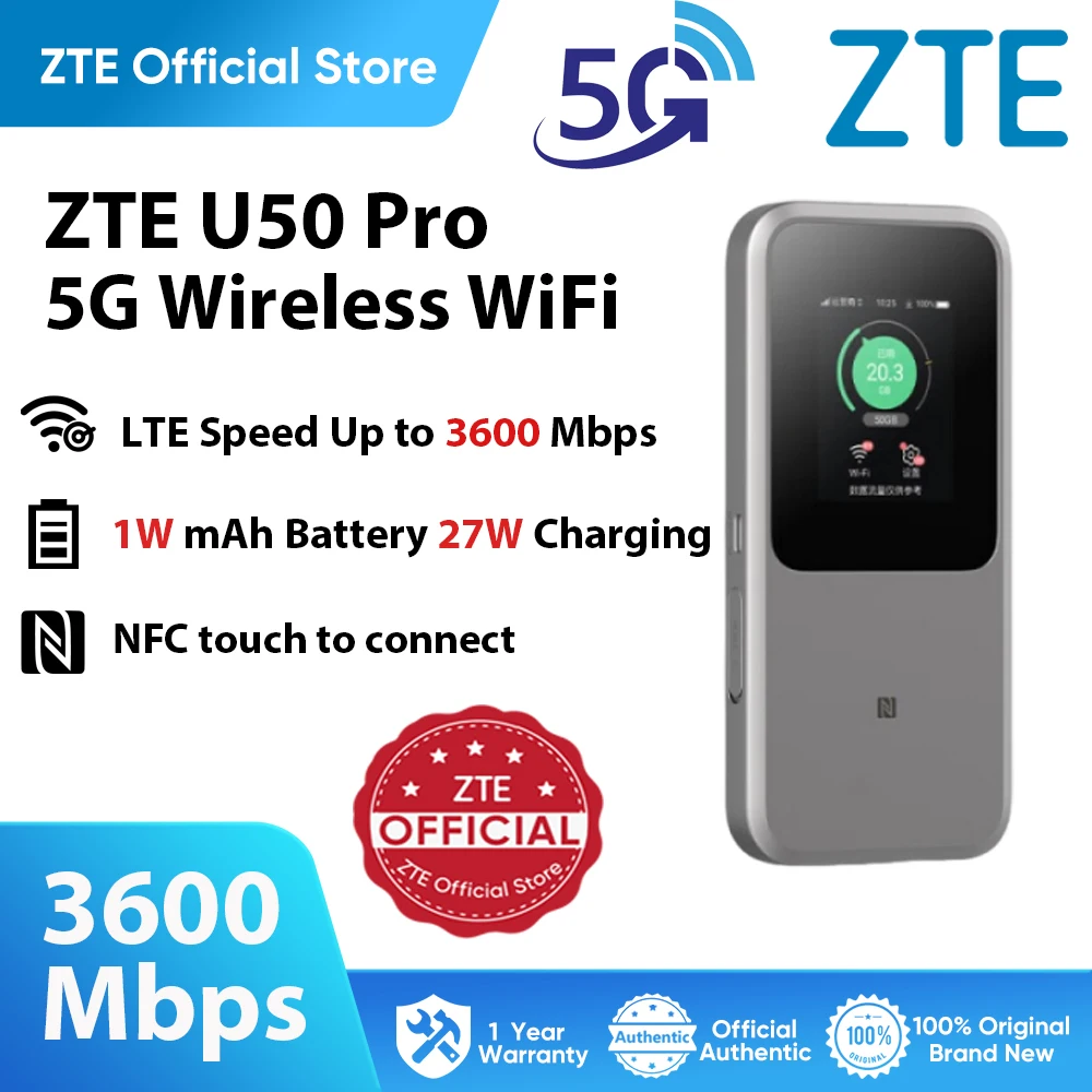 

ZTE U50 Pro 5G Портативный Wi-Fi 3600 Мбит/с Мобильная точка доступа 10000 мАч Аккумулятор 27 Вт Быстрая зарядка Wi-Fi 6 5G Маршрутизатор Слот для SIM-карты MU5120