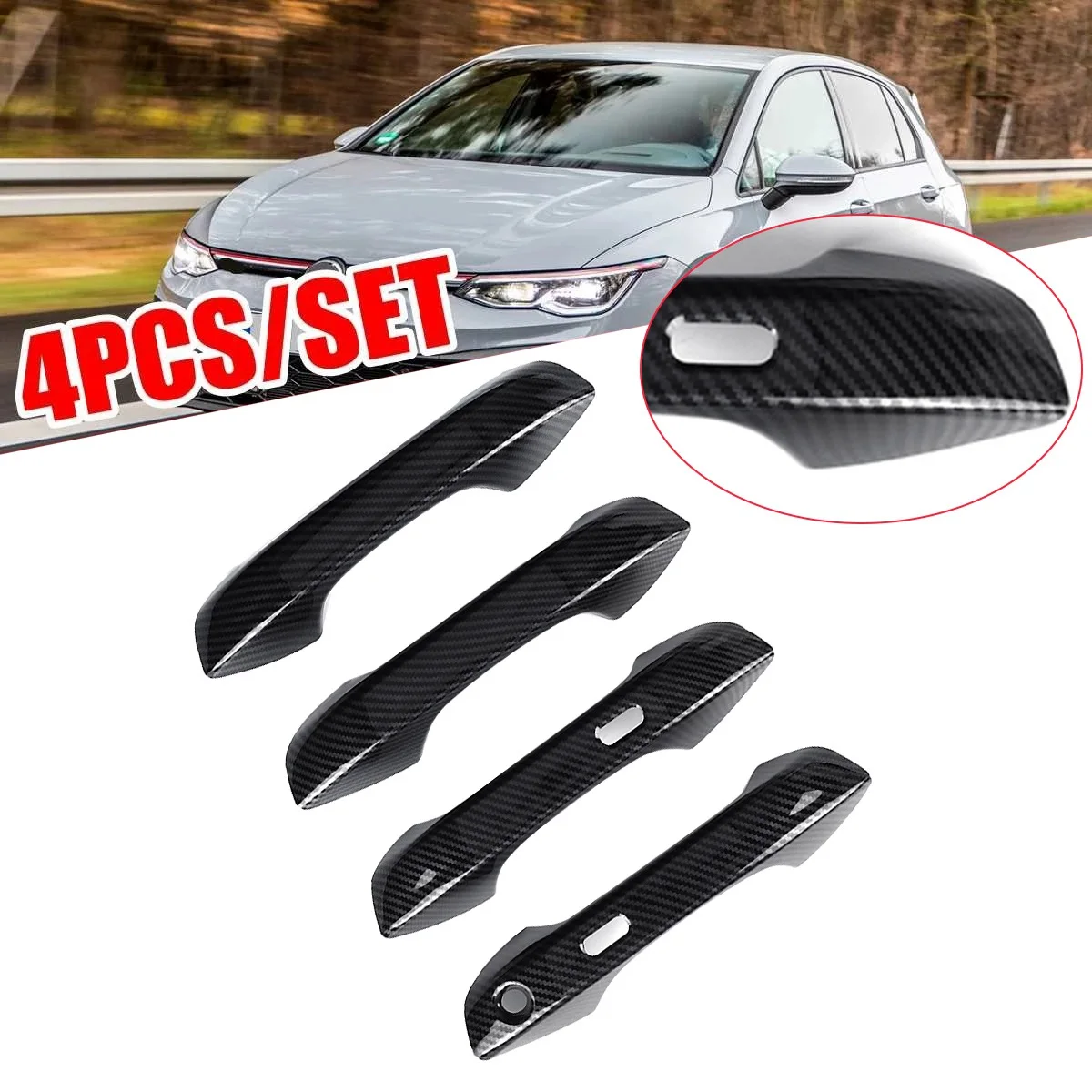 4PCS Carbon Fiber Car Smart Exterior Door Handle Cover Trim with Key Hole for Golf 8 MK8 2020-2021 Car Accessories