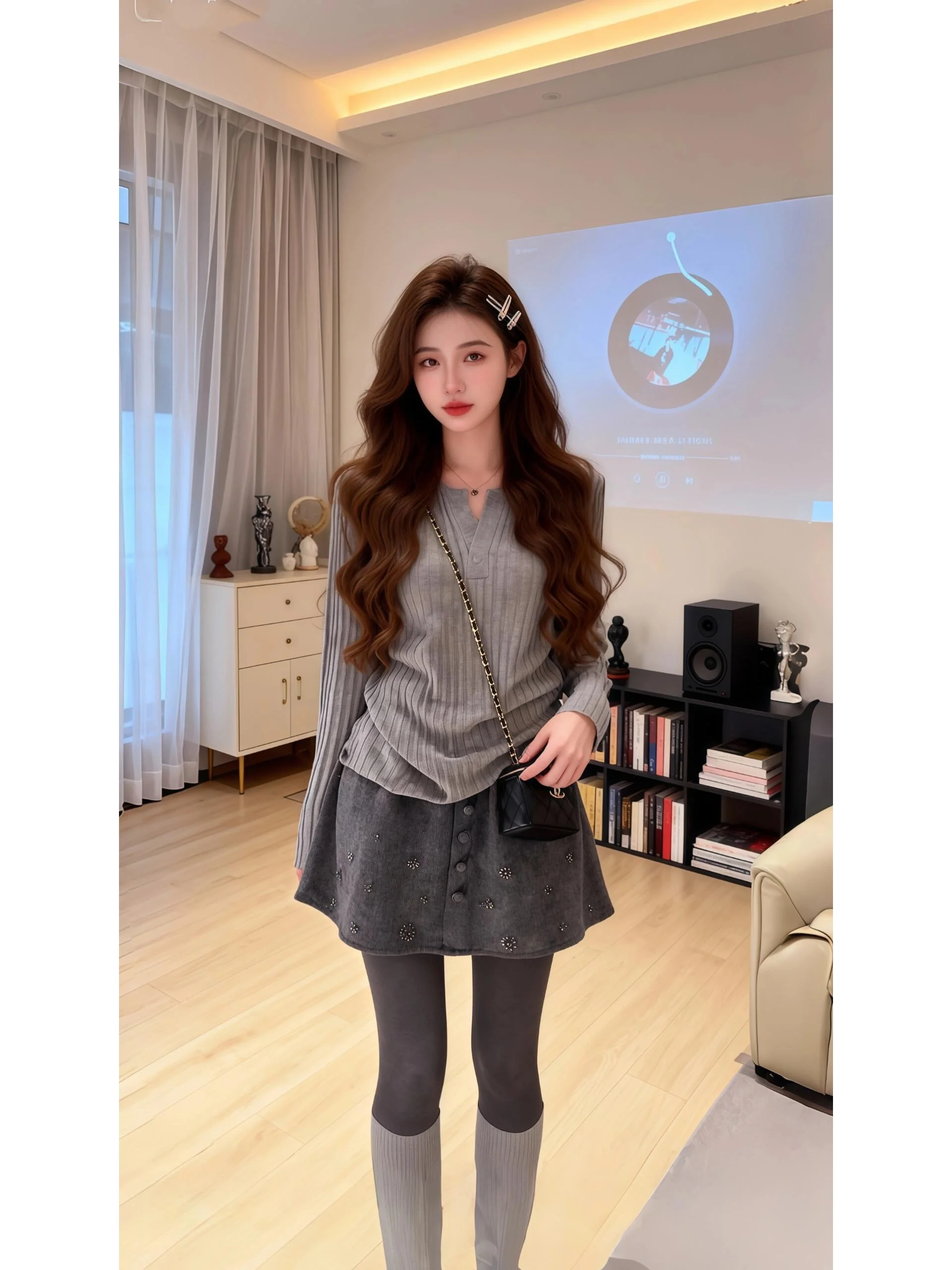 

Faionable Commuter Sle Women's Knitwear Long Sve V-Ne Top High Waist Skirt Spring Season Two-Piece Set