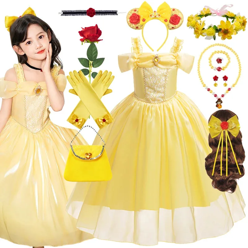 

Girls Princess Costume Children Belle Cosplay Dress Baby Beauty Beast Halloween Disguise Summer Dinner Clothes 3-10 Years