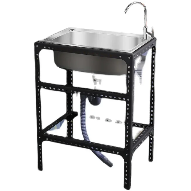 

Kitchen Simple Stainless Steel Sink Vegetable Basin With Bracket Single Groove Water Tank Basin Household Sink Wash Basin