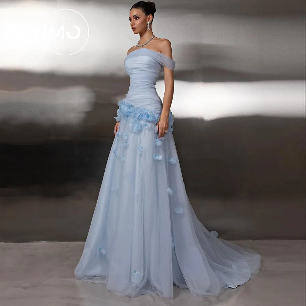 

Ranmo Modern 2026 Пром платья А-силуэта Голубое бальное платье с открытыми плечами и тюлевой юбкой с 3D цветами Вечерние платья по индивидуальному заказу