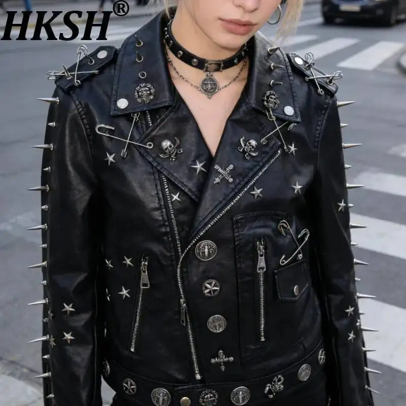 HKSH Women PU Leather Jacket Punk Hip Hop Trend Niche Moto Biker Rivet Needle Design Dark High Street Coat Spring Autumn HK23979