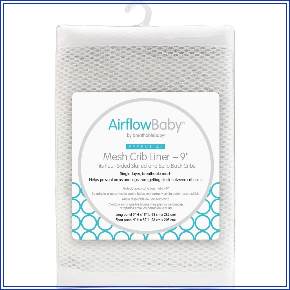 

AirflowBaby Mesh Crib Liner for Full-Size Slatted Cribs, Lightweight 2mm Panels, Reduces Slipping, Machine Washable, White, 9 inch