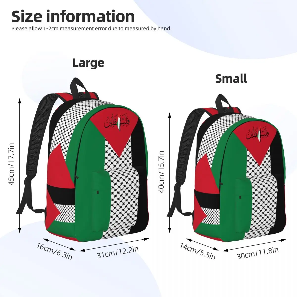 Palestine Arabic Fashion Backpack Durable School Hiking Travel Palestinian Flag Map Daypack for Men Women College Canvas Bags