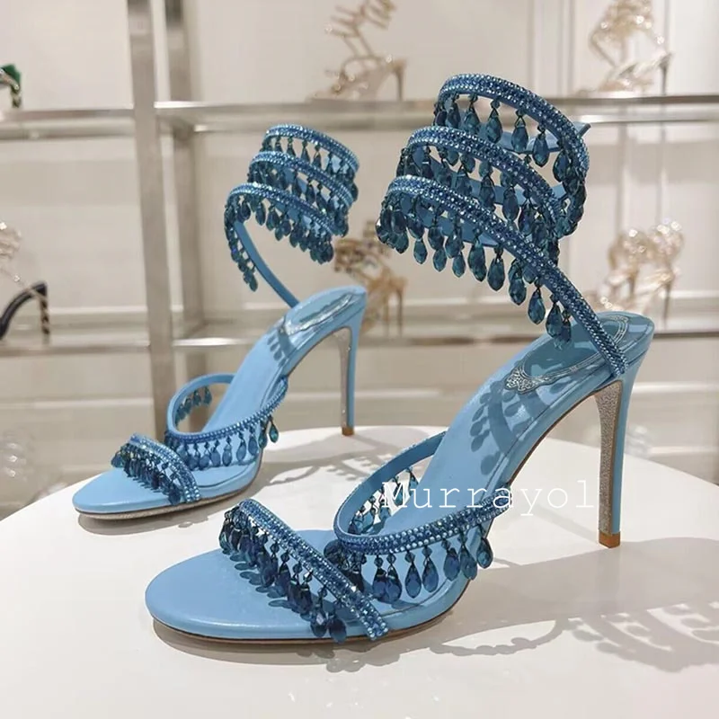 Women Thin High Heels Tassels Rhinestone Decor Sandalias Ankle Snake Shaped Strap Entanglement Sandals Summer Party Dress Shoes