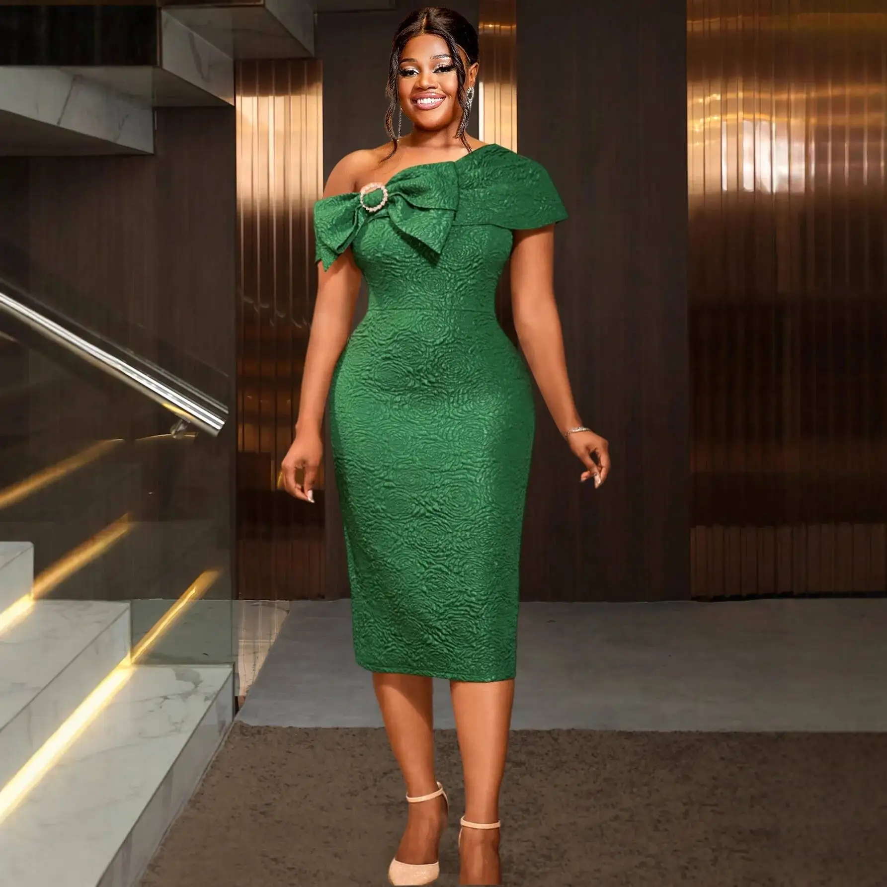 Off-shoulder Plus-size Jacquard Women's Dress With Bow Waist Cinching And Bodycon Midi Skirt, Elegant Party Gown Casual Y2K view 2