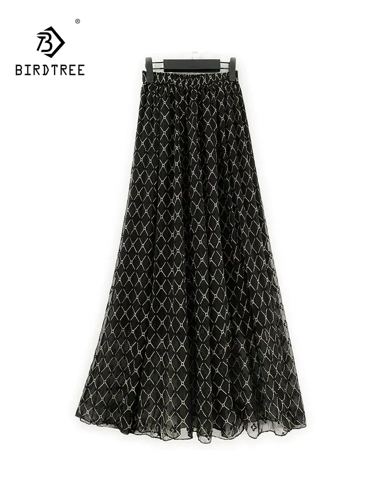 

BirdTree-Silk Elegant Skirts, Elastic High Waist Embroidery, Women Retro Beach Vacation A-line Skirt, 2025 Autumn New B5O062CC