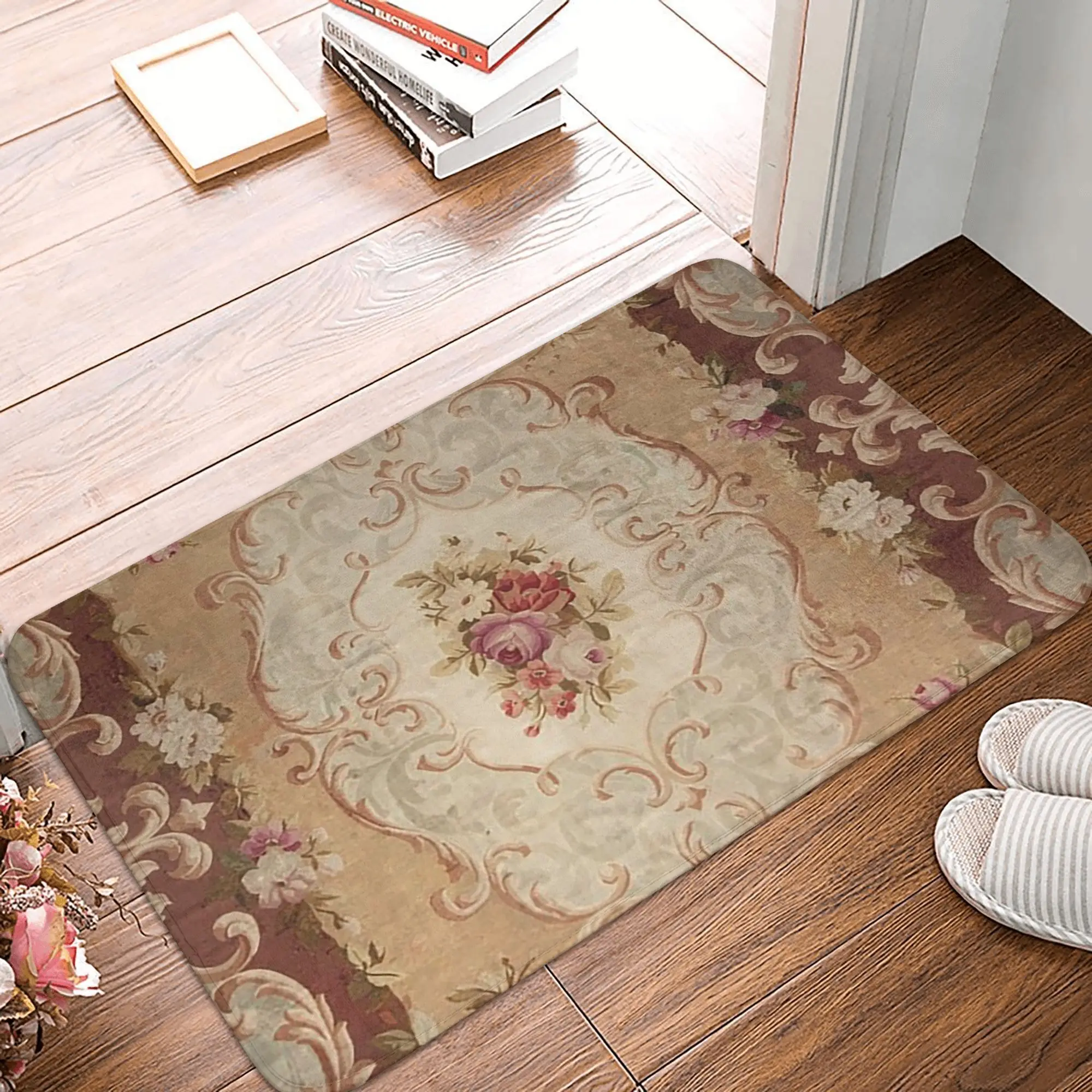 

Antique Rose Floral French Aubusson Rug Print Anti-slip Doormat Floor Mat Rug for Kitchen Entrance Home Living room Footpad Mats