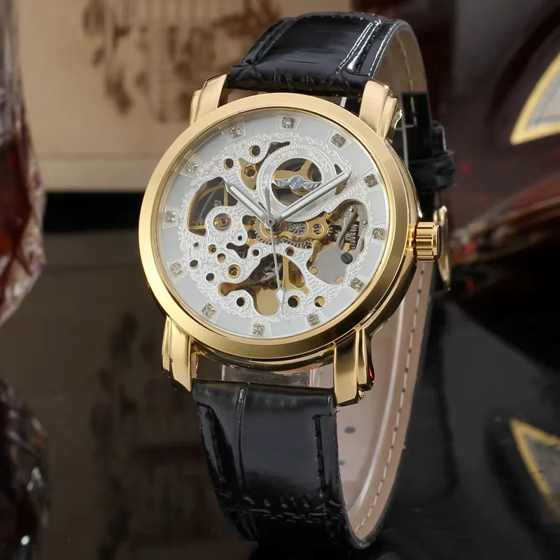 T-winner Mechanical watch Hollow crystal diamond scale mechanical watch White watch Circular belt wrist watch