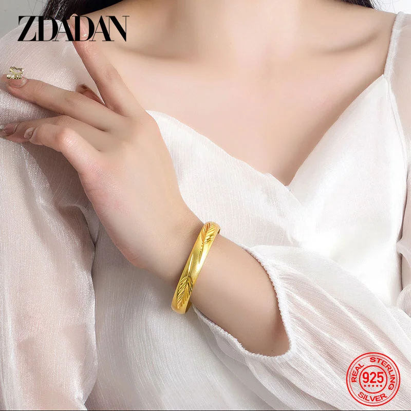 ZDADAN 925 Sterling Silver 18K Gold Leaves Open Cuff Bracelet Bangle For Women Men Fashion Jewelry Party Gift