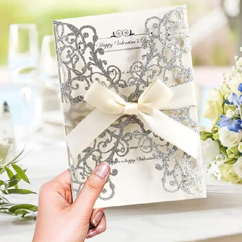Laser Cut Lace Paper Wedding Invitation - Pearl Embellished Elegant Invitation Cards for Wedding Ceremony, Rehearsal Dinner