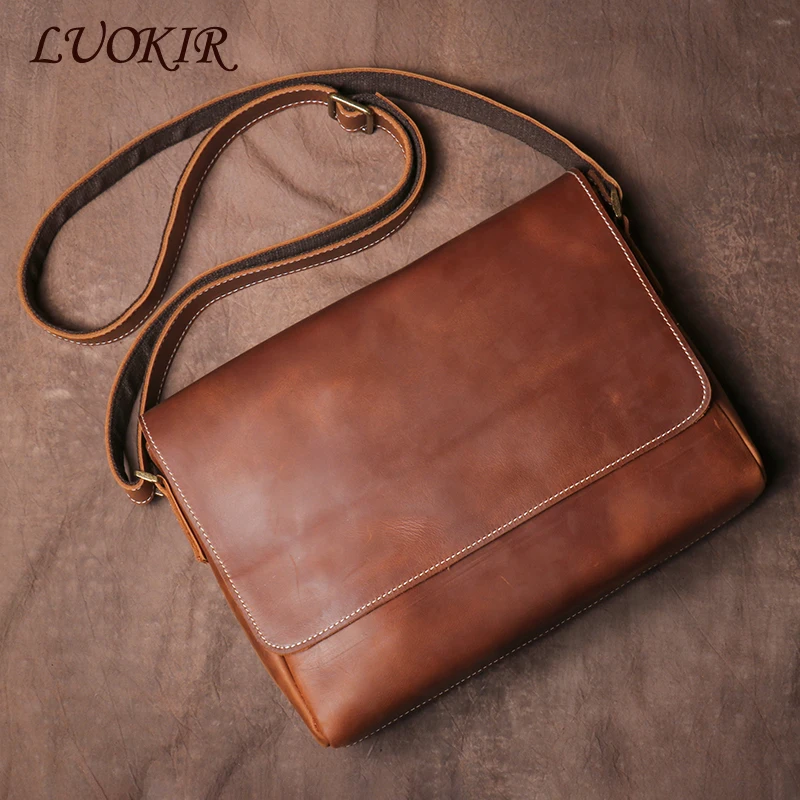 LUOKIR Vintage Crazy Horse Men's Crossbody Bag Genuine Leather Shoulder Bag High Quality Simple Flap Cowhide Messenger Bags