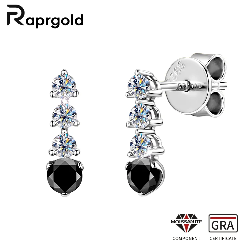 

RAPRGOLD Black White Moissanite Stud Earrings for Women Real 925 Sterling Silver Piercing Earring Fine Jewelry Gifts Pendientes