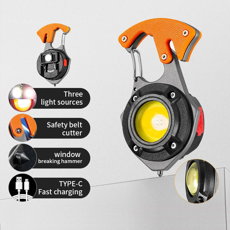 LED Micro Flashlight Pocket Keychain Flashlights USB Rechargeable Torch Strong Magnet Screwdriver Hammer Outdoor Emergency Lamp