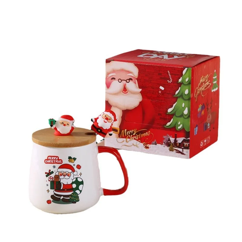 Cute Christmas Gift Ceramic Mug with Lid and Spoon - High-value Santa Claus and Reindeer Pattern Coffee Mug Souvenir