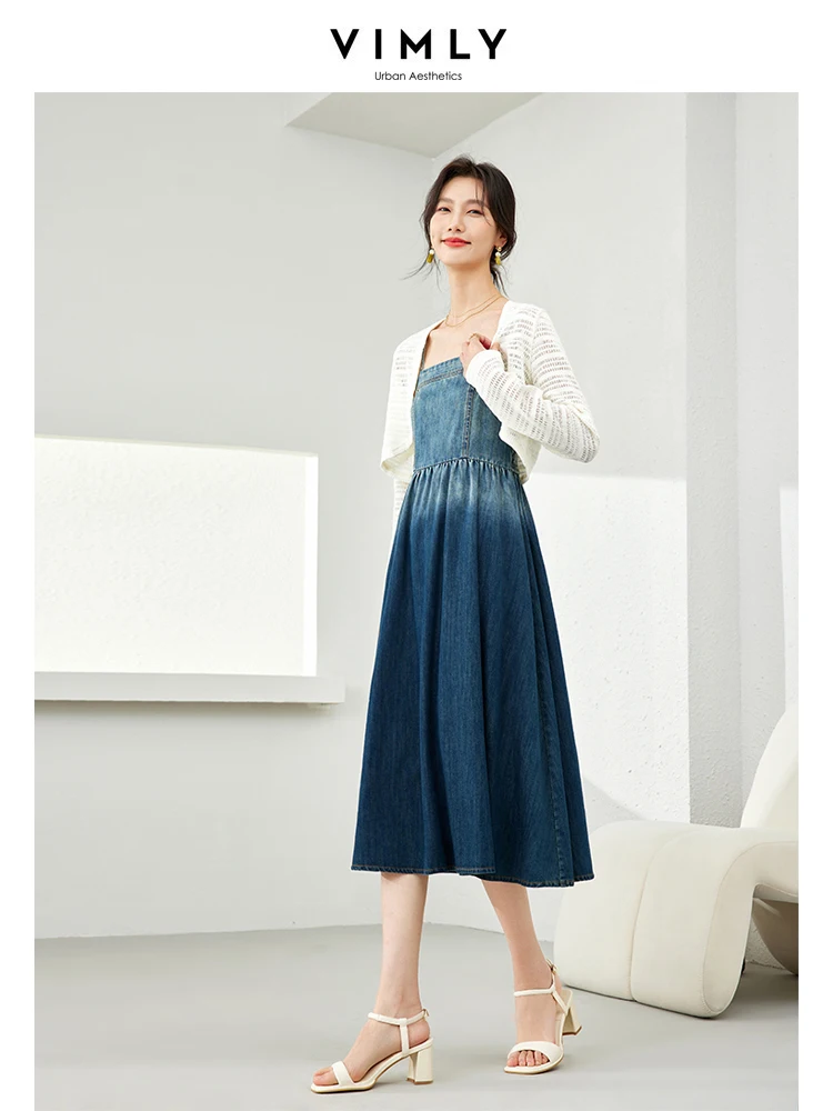 

Vimly Spring Denim Dresses Set Women 2 Pieces Outfits White Hollow Out Knit Cardigan Gradient A-line Strap Midi Dress Sets 16562