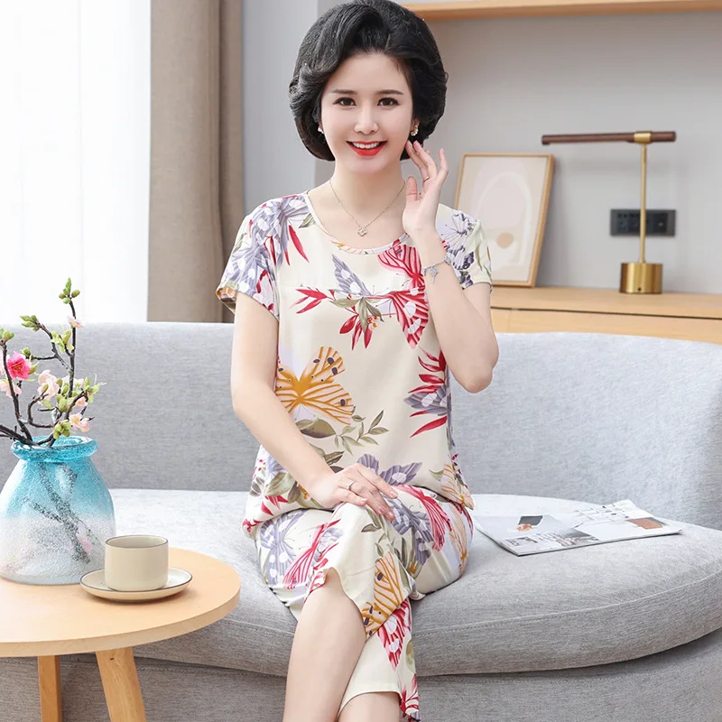 بدلة نسائية من القطن والحرير في منتصف العمر وكبار السن 2024 صيف جديد رقيق من القطن والحرير ملابس نسائية غير رسمية يمكن للنساء ارتداء n