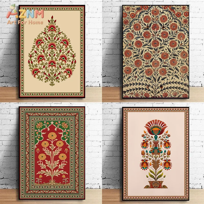 AZNM Vintage Indian Floral Canvas Wall Art Traditional Kalamkari Pattern Print Ethnic Boho Living Room Home Decor Unframed