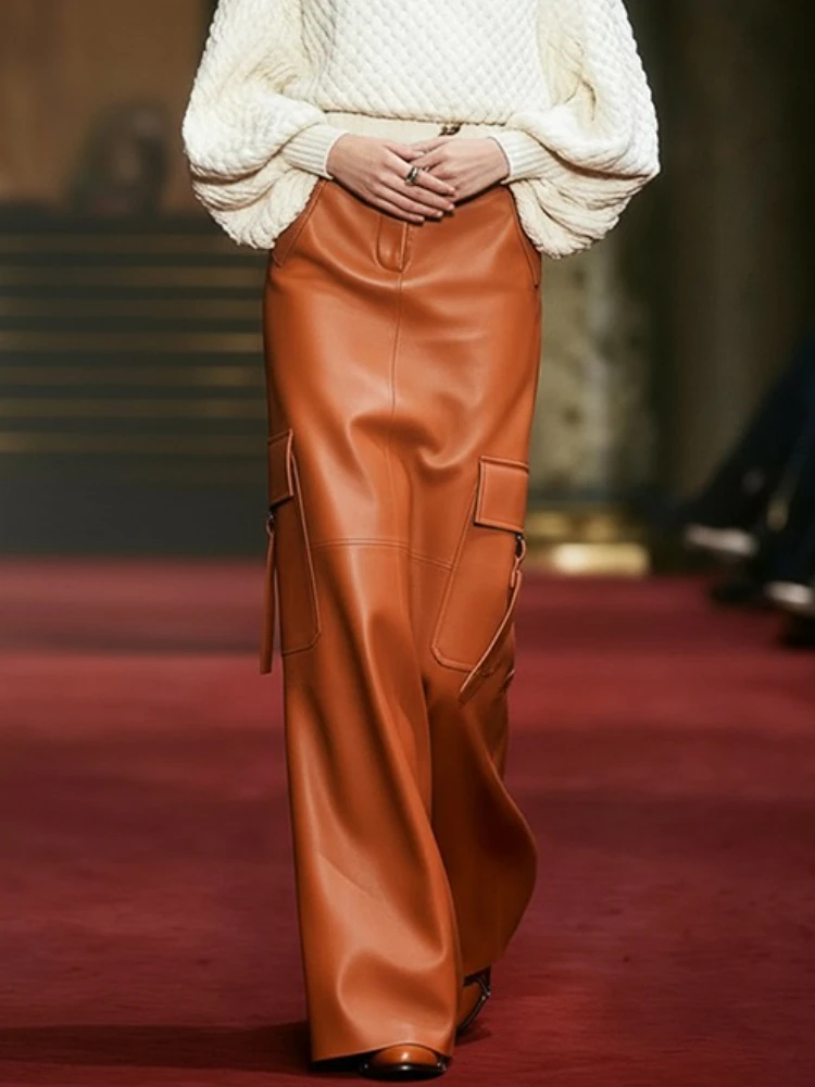 Beautyblue Caramel PU Long Skirts for Women Elegant High Waisted A-Line Column Pockets Leather Trands Female Maxi Skirts Bottoms