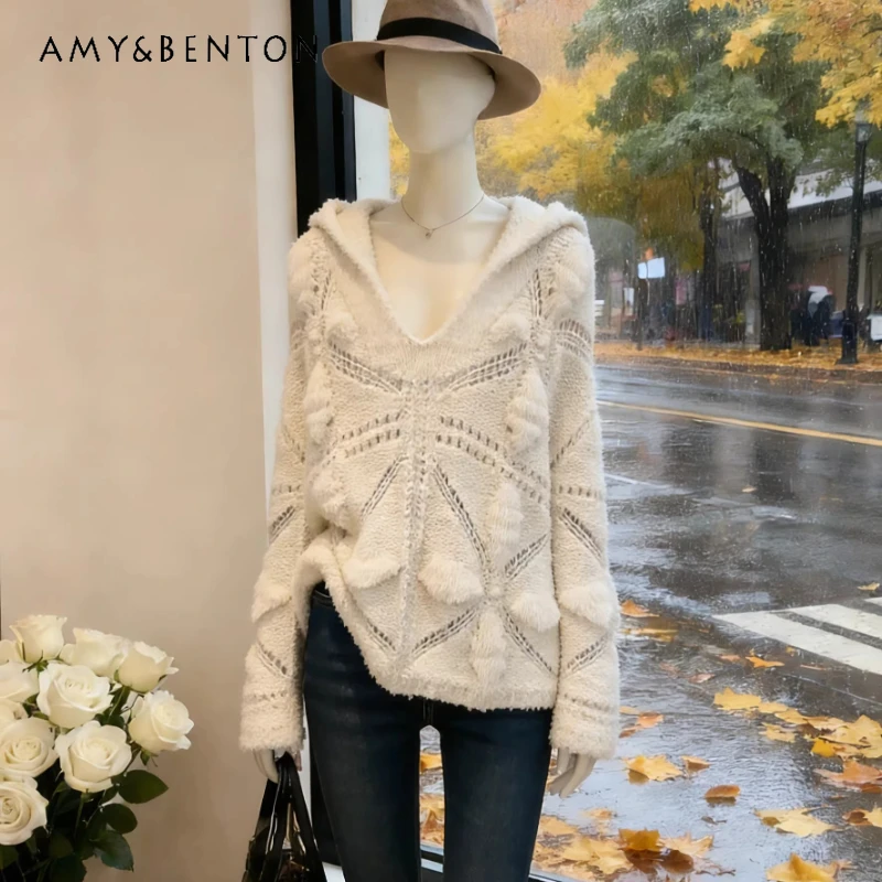 

French Retro Design White Hooded Hollow Out Women's Knitted Pullover 2026 Spring New Loose Versatile Sweater Cardigan Ladies