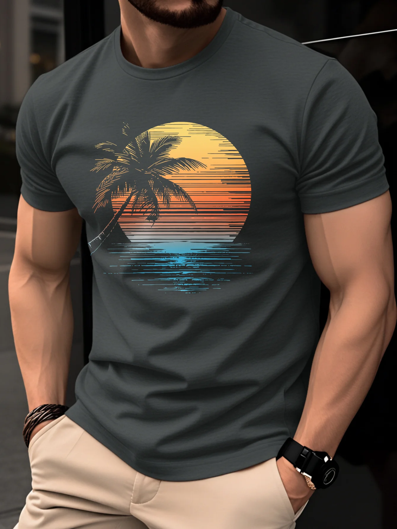 Retro Farbverlauf Sonnenuntergang Palmen Strand Druck auf Premium Weichem 100% Baumwoll-Herren-T-Shirt Perfekt für Sommerurlaub Lässiger Stil – Detail 3