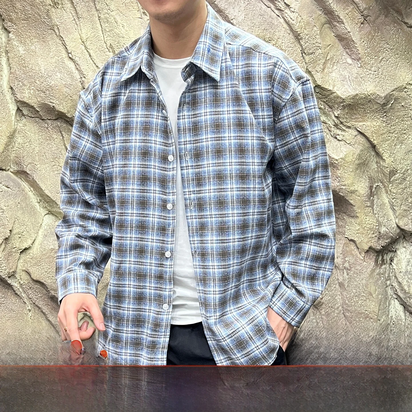 

Men's Casual Sle Long Sve irt Inner Wear Outerwear Layering Tie Dye Plaid New Autumn High Sensation Jaet Coat