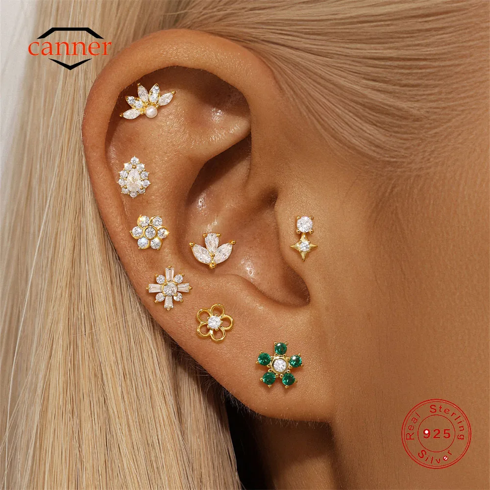 

CANNER 1PC Petal Crown Horse Eye Green Zircon Flat Head Threaded 925 Sterling Silver Earring For Women Ins Geometric Earring