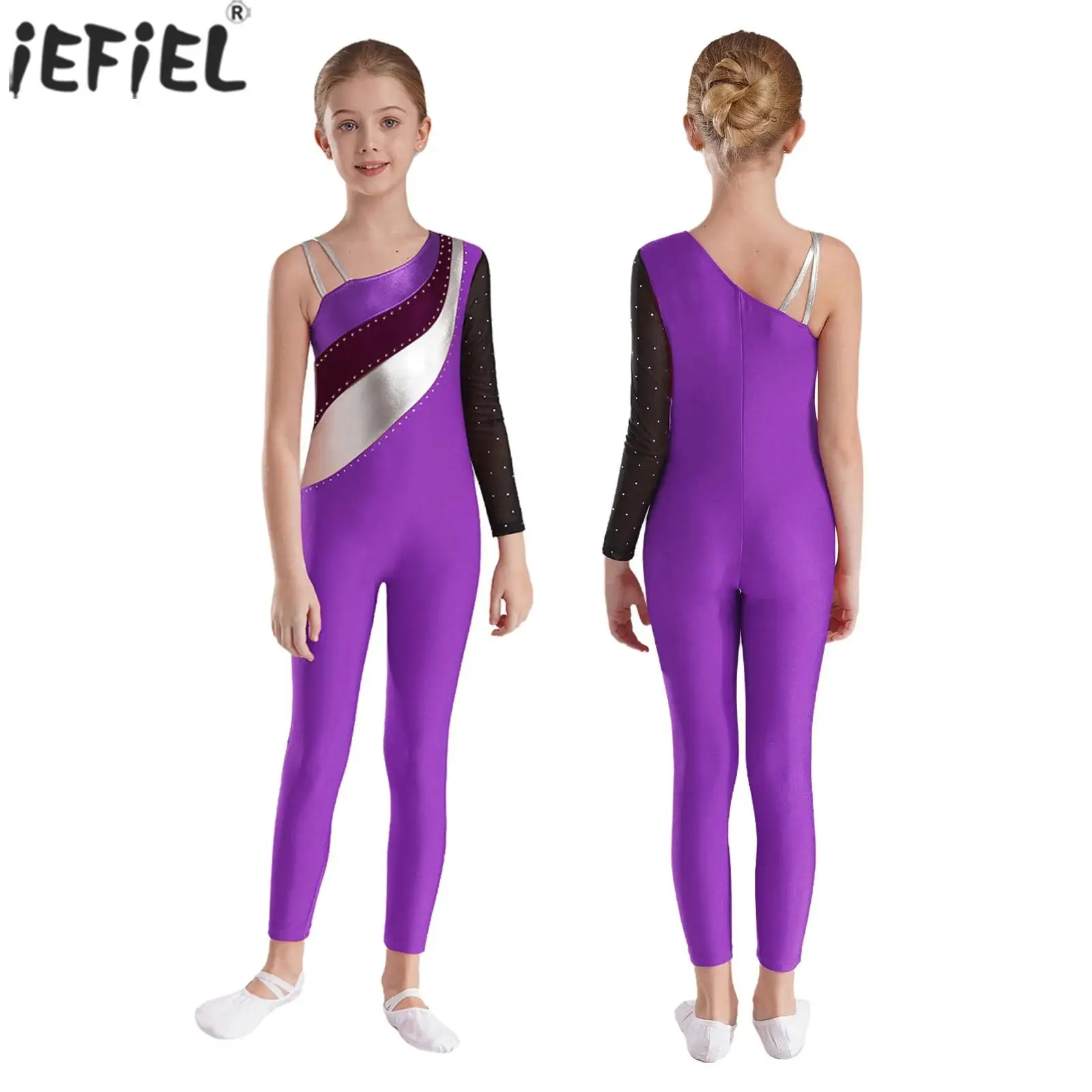 Kids Girls Gymnastics Figure Skating Jumpsuit Ballet Dance Yoga Performance Costume One Shoulder Contrast Color Leotard Bodysuit