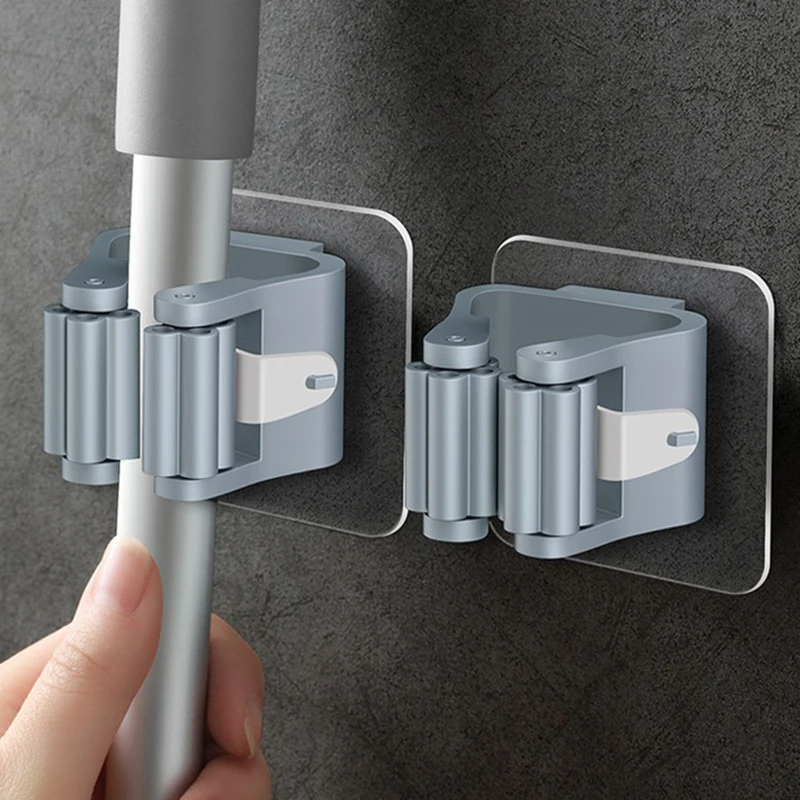 4Pcs Wall Mounted Plastic Hanging Mop Storage Rack Punch-Free Clip Hook Space Saving For Broom And Mop Storage