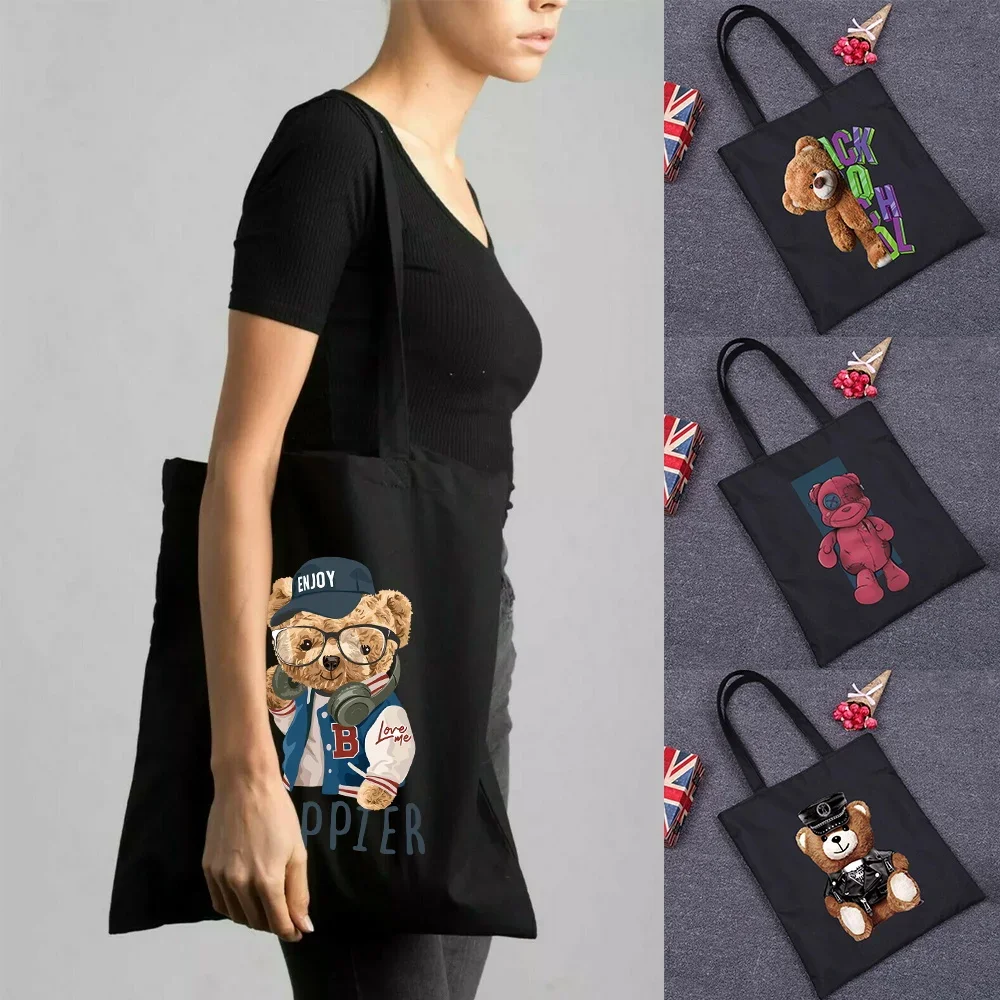 Cute Bear Pattern Canvas Bag Shopper Bag Harajuku Large Capacity Women Bags Classic Vintage Shoulder Bag Handbag