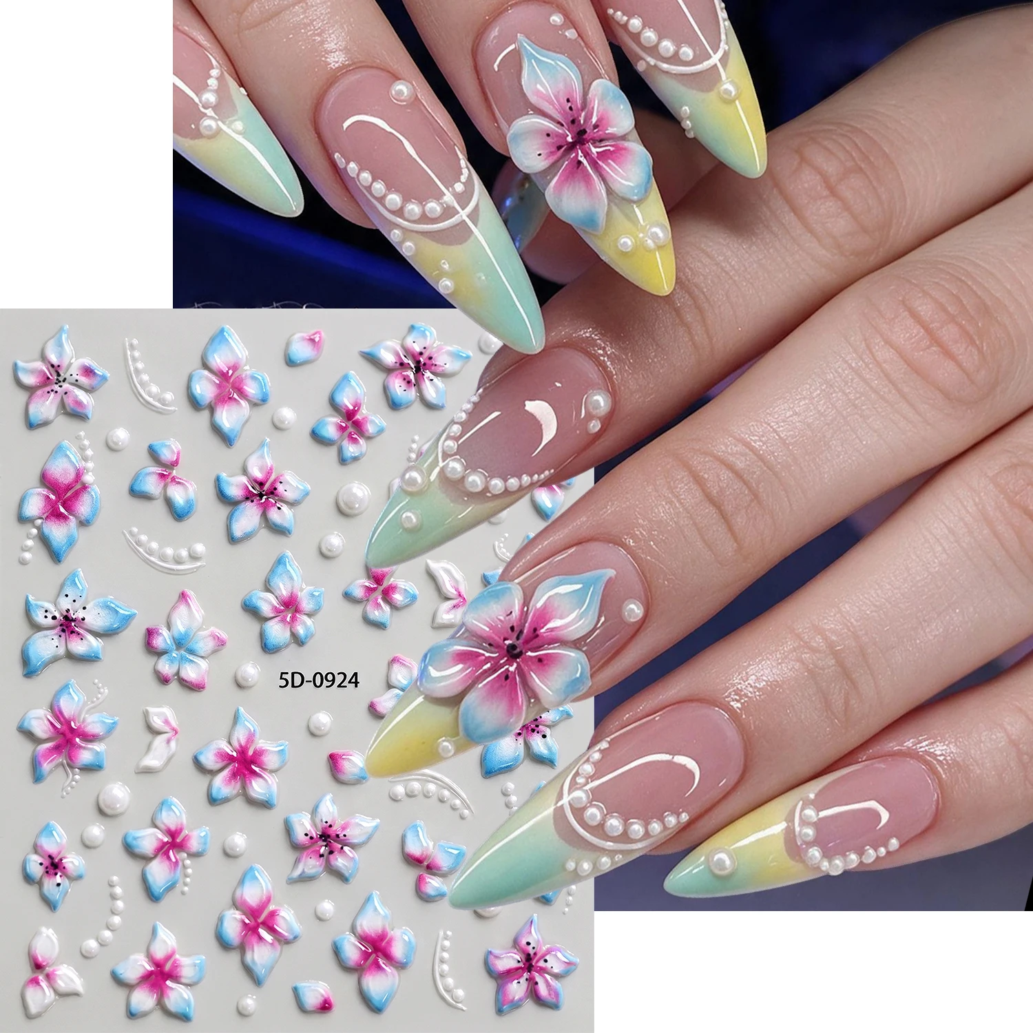 1Pcs 5D Embossed Flower Nail Stickers Pink Blue Gradient Floral Pearl Nail Art Decals For Women Manicure Salon Home Decoration *