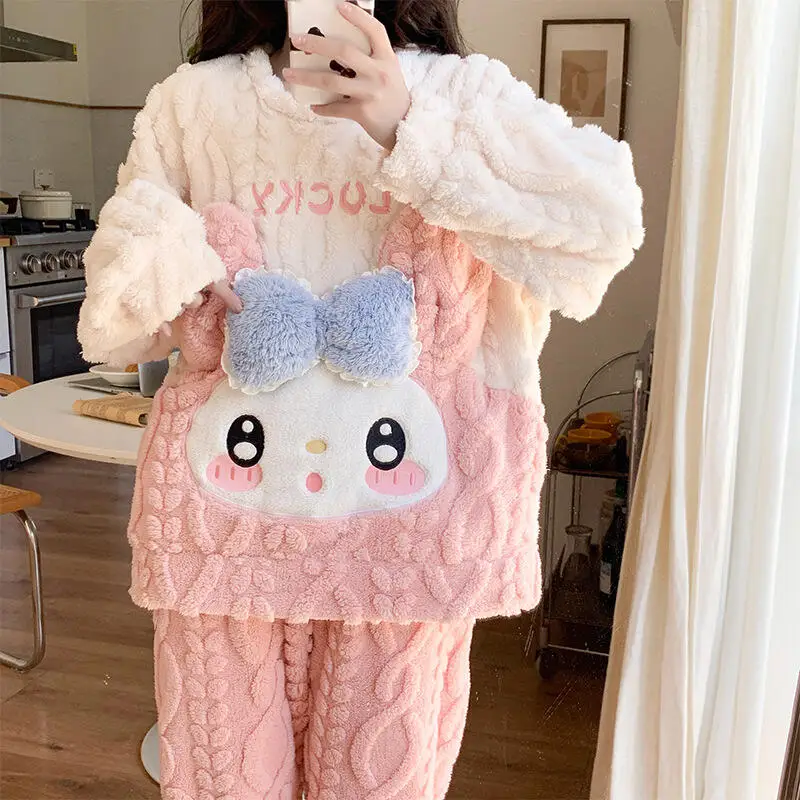 

Kawaii My Melody 2Pcs Women Plush Pajamas Suit Cartoon Pochacco Winter Thicken O-Neck Coral Velvet Homewear Girls Cute Nightwear