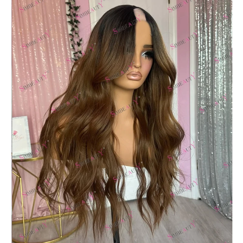 

1x4 Size Middle U Part 100% Human Hair Black Women Full Machine Made Wigs with Clips Natural Glueless Ombre Golden Brown Wigs